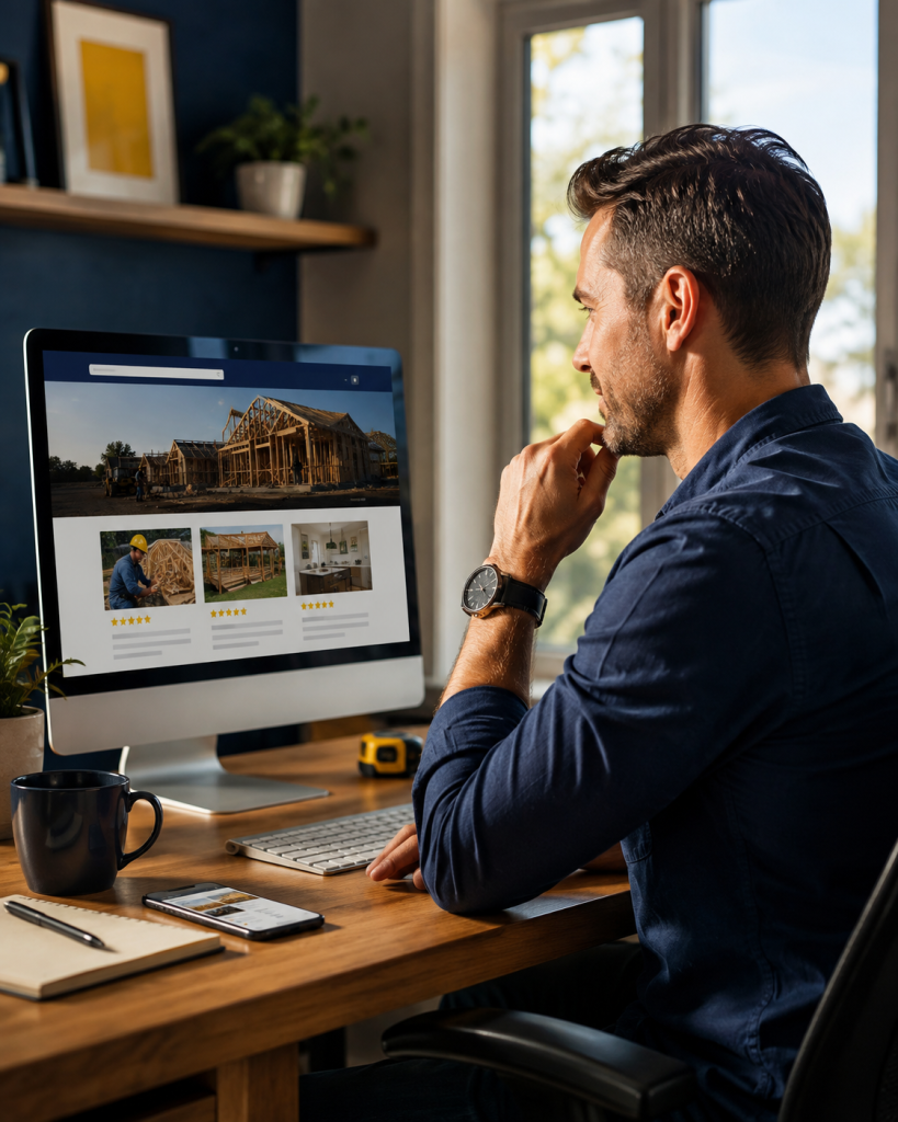Contractor reviewing a professional construction website online